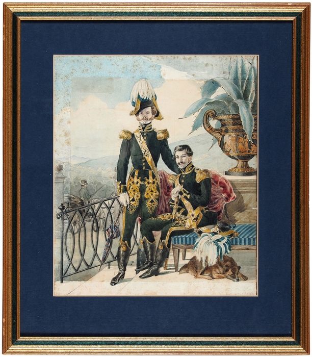 [Собрание коллекционера Ю.Г. Епатко] Неизвестный художник «Портрет двух гусарских офицеров». 1840-е. Бумага, графитный карандаш, акварель, 32,6x26,6 см.