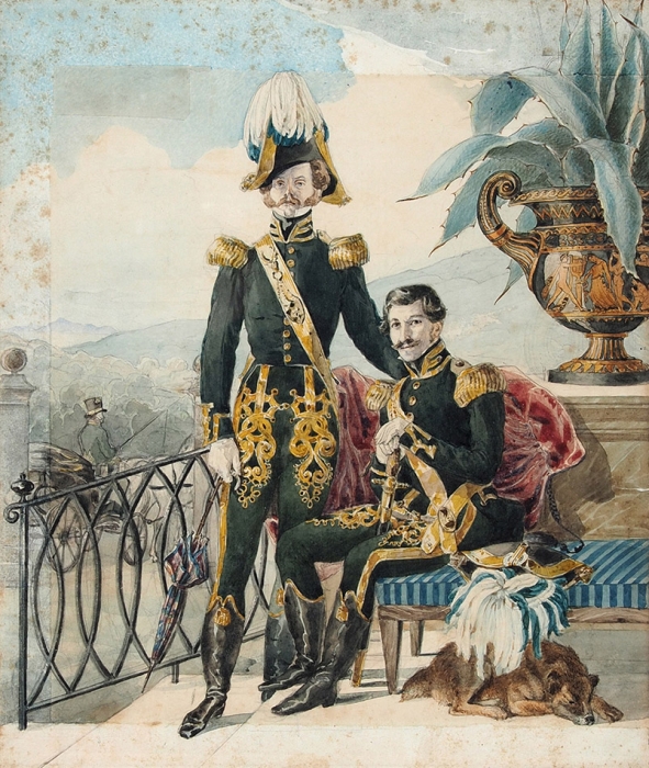 [Собрание коллекционера Ю.Г. Епатко] Неизвестный художник «Портрет двух гусарских офицеров». 1840-е. Бумага, графитный карандаш, акварель, 32,6x26,6 см.