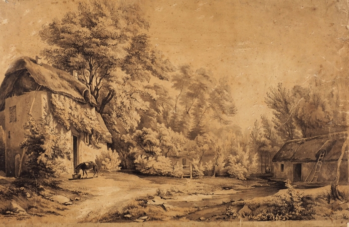 Герц Константин Карлович (около 1826 — 1879) «Идиллический пейзаж». Середина XIX века. Бумага на картоне, сепия, 29,8x45 см.