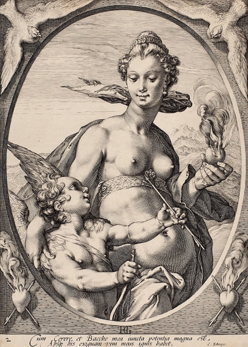 Гольциус Хендрик (Hendrik Goltzius) (1558–1617) «Венера и Купидон». Лист № 2 из серии «Бахус, Венера, Купидон и Церера (Bacchus, Venus and Cupid and Ceres)». 1595. Бумага, резец, 24,5x17,7 см (лист обрезан).