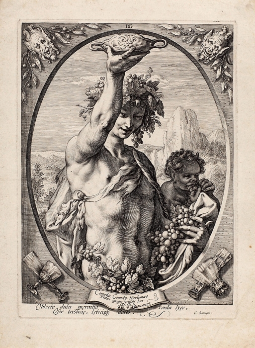 Гольциус Хендрик (Hendrik Goltzius) (1558–1617) «Бахус». Лист № 1 из серии «Бахус, Венера, Купидон и Церера (Bacchus, Venus and Cupid and Ceres)». 1595. Бумага, резец, 29,3x21,8 см (лист), 25x18,3 см (оттиск).
