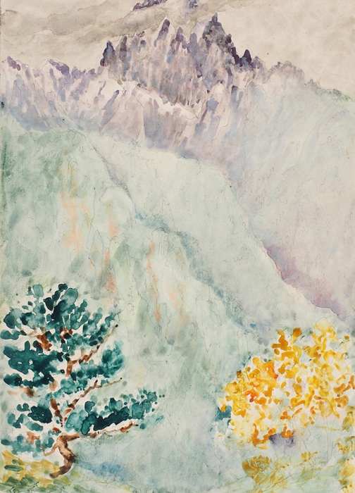 Клементьева Ксения Александровна (1896–1984) «В горах Тянь-Шаня». 1931. Картон, акварель, 21x15 см.