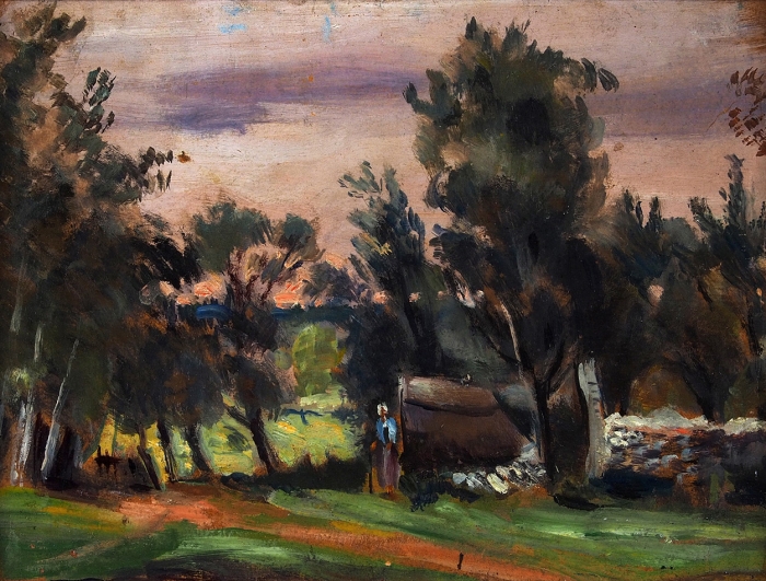 Окс Евгений Борисович (1899-1968) «Вечер в деревне». 1930-е. Картон, масло, 23,5x33 см.