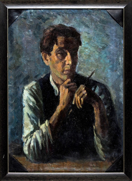 Окс Евгений Борисович (1899-1968) «Автопортрет с кистью». 1963. Картон, масло, 53x38 см.
