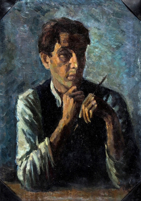 Окс Евгений Борисович (1899-1968) «Автопортрет с кистью». 1963. Картон, масло, 53x38 см.