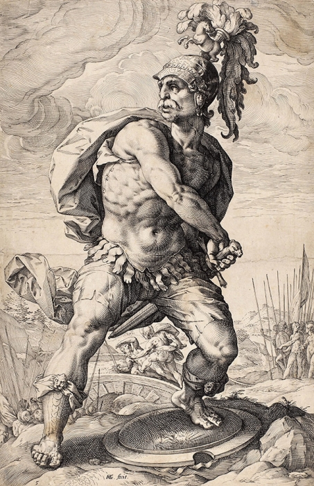 Гольциус Хендрик (Hendrik Goltzius) (1558–1617) «Тит Манлий Империоз Торкват (Titus Manlius Torquatus)». Лист из серии «Римские герои». 1586. Бумага, резец, 35,5x23,3 см (лист обрезан).