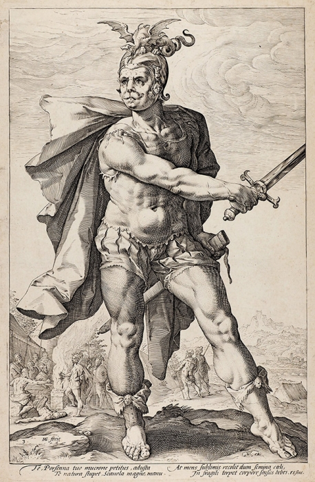 Гольциус Хендрик (Hendrik Goltzius) (1558–1617) «Гай Муций Сцевола (Mucius Scaevola)». Лист из серии «Римские герои». 1586. Бумага, резец, 38x25,5 см (лист обрезан).