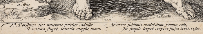 Гольциус Хендрик (Hendrik Goltzius) (1558–1617) «Гай Муций Сцевола (Mucius Scaevola)». Лист из серии «Римские герои». 1586. Бумага, резец, 38x25,5 см (лист обрезан).