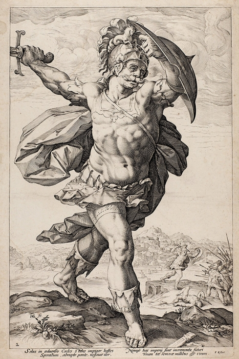 Гольциус Хендрик (Hendrik Goltzius) (1558–1617) «Гораций Коклес (Horatius Cocles)». Лист из серии «Римские герои». 1586. Бумага, резец, 38,5x25,7 см (лист обрезан).