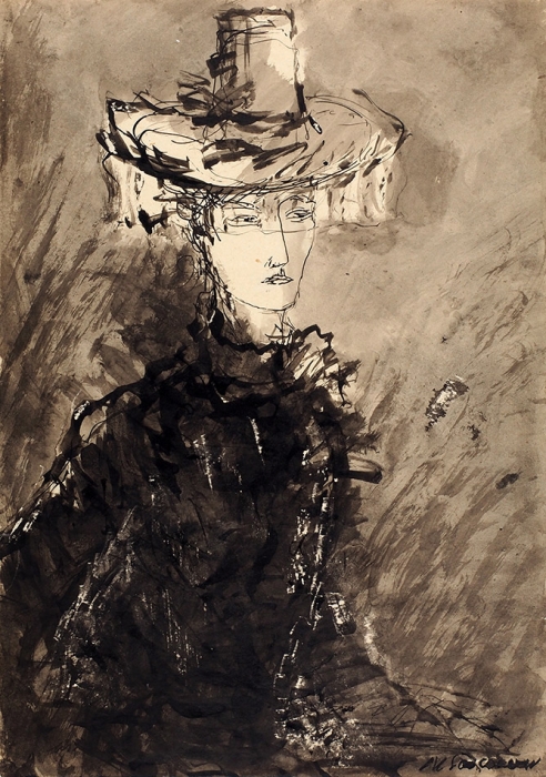 Соколов Михаил Ксенофонтович (1885–1947) «Дама в шляпе с вуалью». 1930-е. Бумага, тушь, кисть, 29,8x21 см.