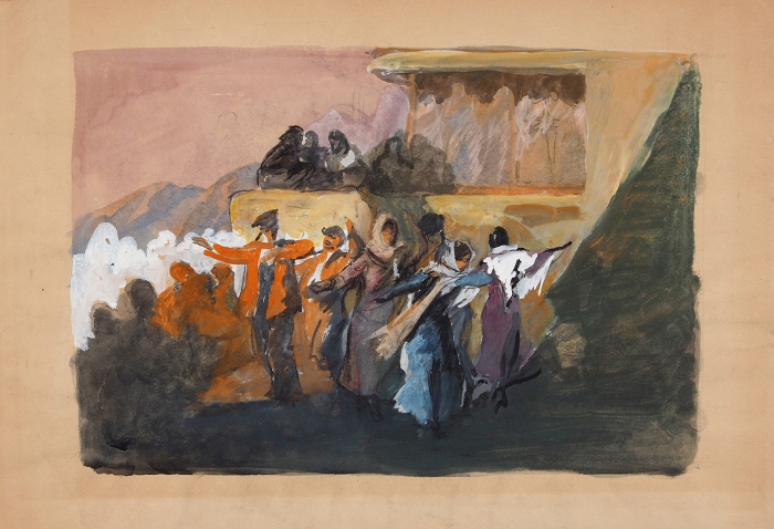 Горшман Михаил Ефимович (Мандель Хаимович) (1902–1972) «Дагестанские танцы». Эскиз. 1958. Бумага, гуашь, 40,7x57,5 см.