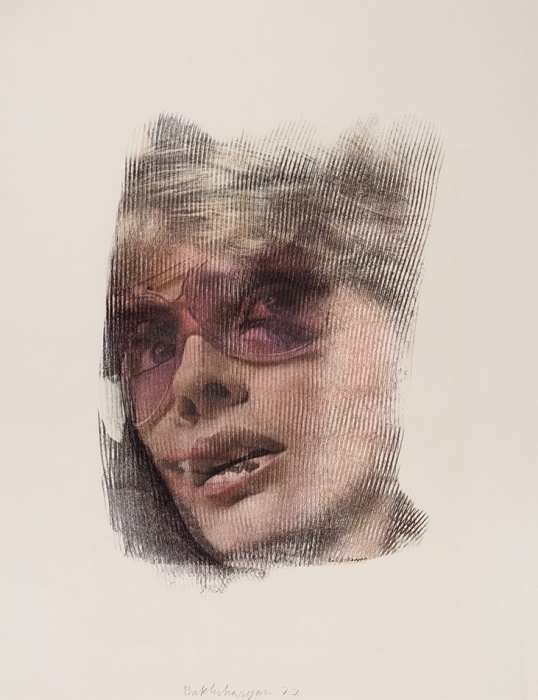 [Собрание семьи художника] Бахчанян Вагрич Акопович (1938–2009) «Женщина в очках». 1977. Бумага, авторская техника, 38,5x30 см.