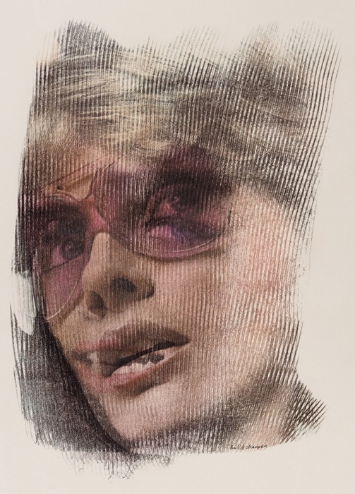 [Собрание семьи художника] Бахчанян Вагрич Акопович (1938–2009) «Женщина в очках». 1977. Бумага, авторская техника, 38,5x30 см.