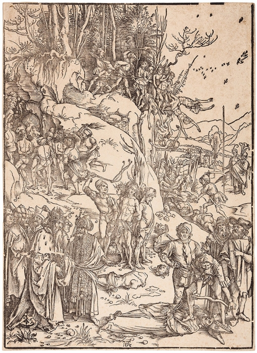 Дюрер Альбрехт (Albrecht Durer) (1471–1528) «Мученичество десяти тысяч христиан». 1496-1498. Бумага, ксилография, 39,3x28,8 см (лист обрезан по оттиску).