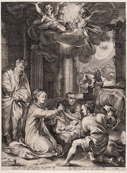 Гольциус Хендрик (Hendrik Goltzius) (1558–1617) «Поклонение волхвов (The Adoration of the Magi)». 1594. Бумага, наклеенная на картон, резец, 47,2x35 см (лист обрезан по оттиску).