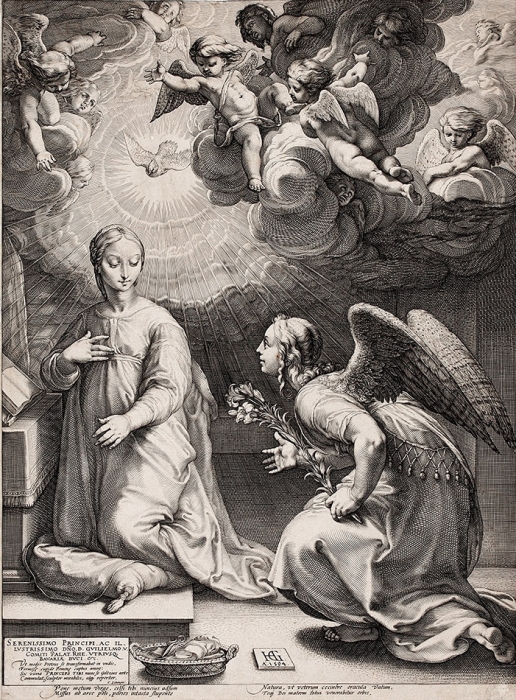 Гольциус Хендрик (Hendrik Goltzius) (1558–1617) «Благовещение (The Annunciation)». 1594. Бумага, резец, 47,5x35,3 см (лист обрезан по оттиску).