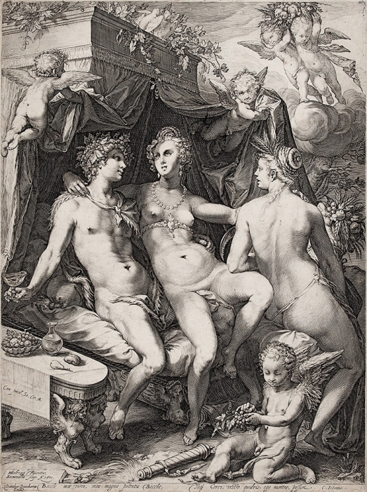 Санредам Ян (Jan Pietersz. Saenredam) (1565-1607) с оригинала Гольциуса Хендрика (Hendrik Goltzius) (1558–1617) «Вакх, Венера и Церера». 1600. Бумага, резец, 41,8x31,6 см.