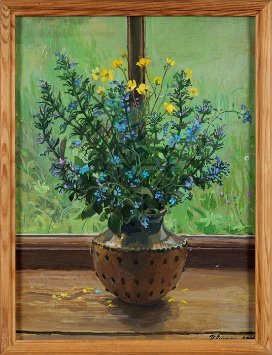 Лившиц Татьяна Исааковна (1925–2010) «Полевые цветы на подоконнике». 1986. Холст, темпера, 40x30 см.