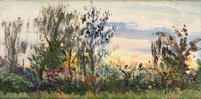 Глущенко Николай Петрович (1901–1977) «Закат». 1950. Картон, масло, 14x26,5 см.