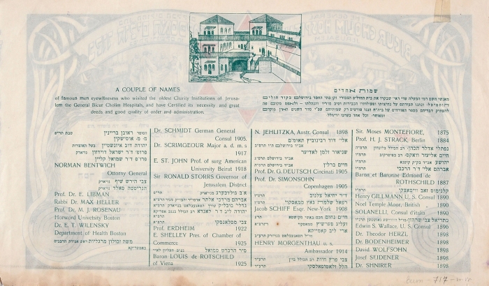Бланк квитанции пожертвования на больницу «Бикур Холим» в Иерусалиме. [Иврит, английский]. Иерусалим (Палестина), [1914-1948].