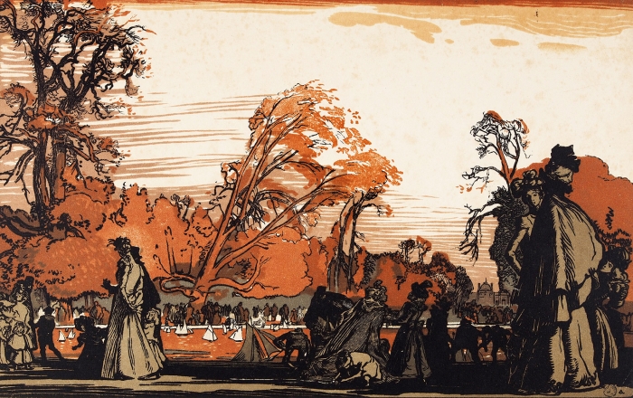 [Собрание художника И.А. Соколова] Лепэр Огюст Луи (Lepère Auguste Louis) (1849–1918) «В Тюльерийском саду». Конец XIX века. Бумага, цветная линогравюра, 18x29 см.