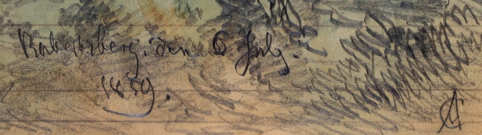 [Из собрания И.В. Качурина] Шарлемань (Charlemagne) Адольф Иосифович (1826–1901) «Пейзаж с замком». 1859. Бумага на картоне, графитный карандаш, акварель, 23,3x20,7 см.