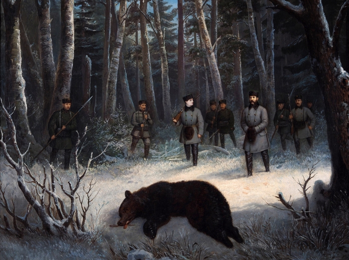 Тейхель Франц. Император Александр II на медвежьей охоте. Третья четверть XIX века.