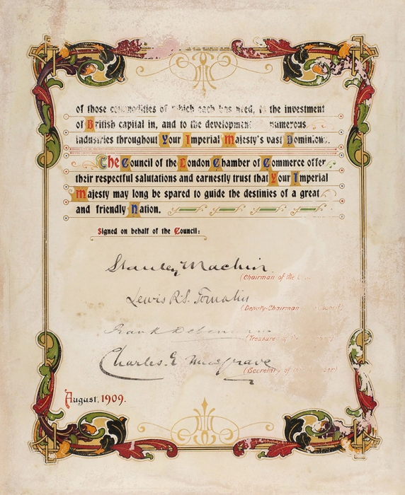 Приветственный адрес от Лондонской торговой палаты, преподнесенный русскому императору Николаю II. [На англ. яз.]. 1909.
