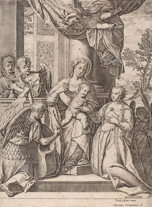 Карраччи Агостино (Agostino Carracci) (1557–1602) «Мистическое обручение Святой Екатерины». 1585. Бумага, резец, 30,5x22,5 см (лист обрезан).