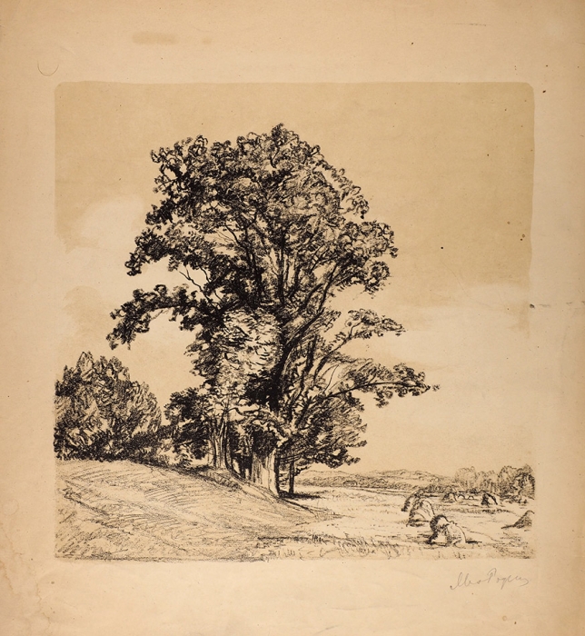 Львов Петр Иванович (1882–1944) «Пейзаж с деревом». 1940-е. Бумага, литография, 41,4x37 см.