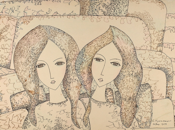 Кропивницкий Евгений Леонидович (1893–1979) «Две девушки». 1964. Бумага, цветная тушь, 28x37,5 см.