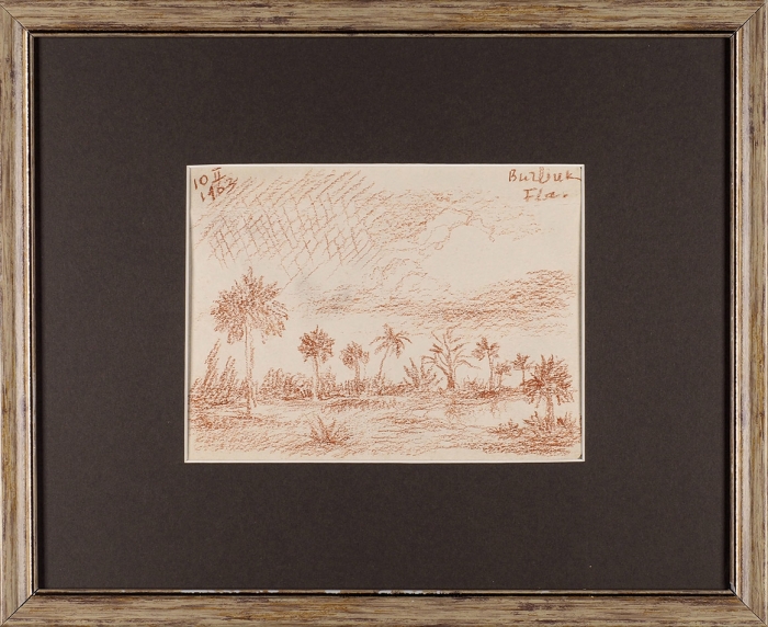 Бурлюк Давид Давидович (1882–1967) «Пальмы». На обороте письмо. 1963. Бумага, цветной карандаш, 13x17,5 см.