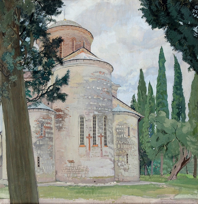 Лившиц Татьяна Исааковна (1925–2010) «Пицунда. Храм». 1967. Картон, темпера, 52x50 см.