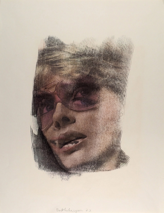 [Собрание семьи художника] Бахчанян Вагрич Акопович (1938–2009) «Девушка в очках». 1977. Бумага, авторская техника, 38,5x30 см.