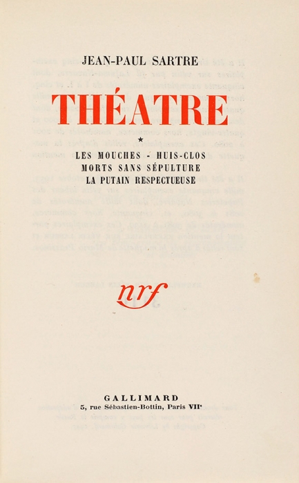 [С автографом С. Юткевичу] Сартр, Ж.-П. Театр. [На фр. яз.] Париж, 1947.
