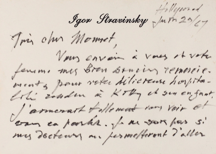 Собственноручное письмо Игоря Стравинского, адресованное M. Monnet. [На фр. яз.] Дат. Голливуд, 29 июля 1967 г.