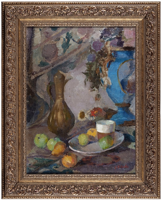 Бебутова Елена Михайловна (1887–1970) «Натюрморт с голубой вазой». 1950-е. Холст, масло, 64x47 см.
