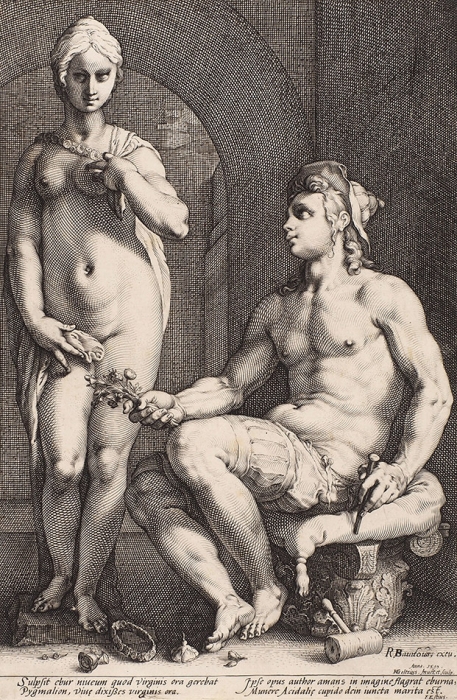 [Выдающийся художник нидерландского маньеризма] Гольциус Хендрик (Hendrik Goltzius) (1558–1617) «Пигмалион и Галатея». 1593. Бумага, резец, 32,3x21,3 см (лист обрезан).