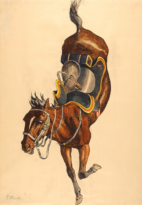 Авилов Михаил Иванович (1882–1954) «Строевая лошадь в аллюре». 1910. Бумага, акварель, тушь, перо, 88x62 см.