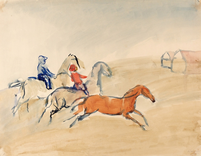 Горшман Михаил Ефимович (Мандель Хаимович) (1902–1972) «На конях». 1930. Бумага, акварель, 32,5x42 см.