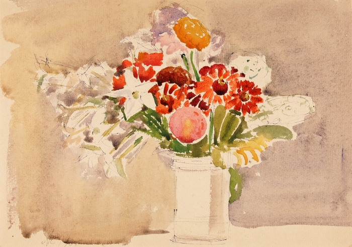 Софронова Антонина Фёдоровна (1892–1966) «Букет с красными цветами». 1935. Бумага, акварель, 19,5x27,5 см (в свету).