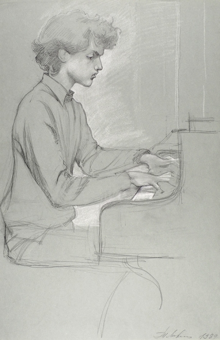 [Пианист-виртуоз] Лившиц Татьяна Исааковна (1925–2010) «Женя Кисин». 1989. Бумага, графитный карандаш, белила, 50x32,5 см.