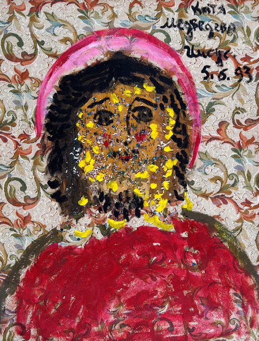 Медведева Катя (род. 1937) «Иисус». 1993. Гобелен, масло, коллаж, 80x60 см.