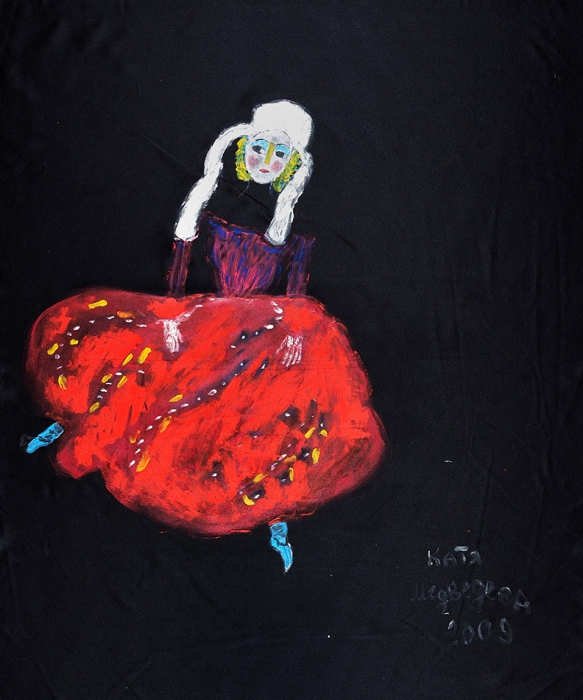 Медведева Катя (род. 1937) «Балет в красном». 2009. Ткань, масло, 134x113 см.